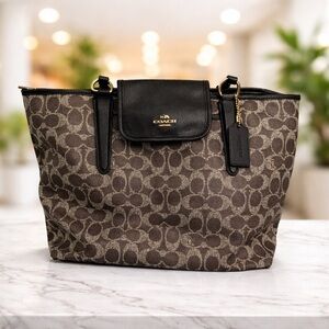 Coach Brown Signature Canvas Tote with Black Leather Trim